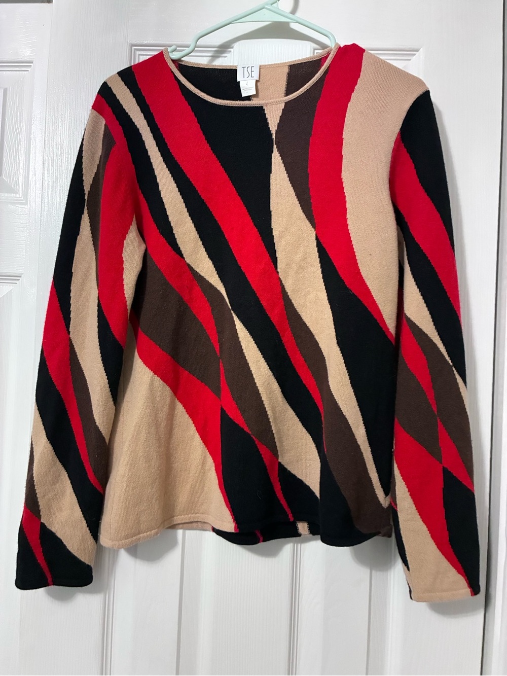 TSE 100% Cashmere Wave-Stripe Crew Sweater in Red, Black & Tan Size L